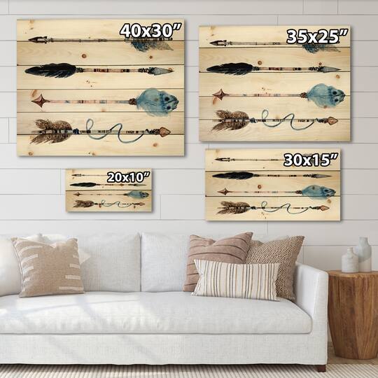 Designart - Ethnic Feathers and Flowers On Native Arrows IV - Bohemian & Eclectic Print on Natural Pine Wood